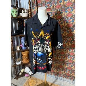 No Boundaries Black Gambling King Queen Cherry Dice Short Sleeve ButtonUp  M